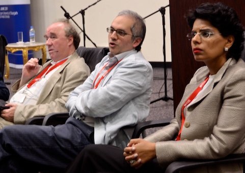 Photo credit: Thomas Vitullo-Martin; Description: Andrew Brown, Ehsan Masood, Qanta Ahmed on media panel at British Council, American University of Sharjah Photo credit: Thomas Vitullo-Martin; Description: Andrew Brown, Ehsan Masood, Qanta Ahmed on media panel at British Council, American University of Sharjah